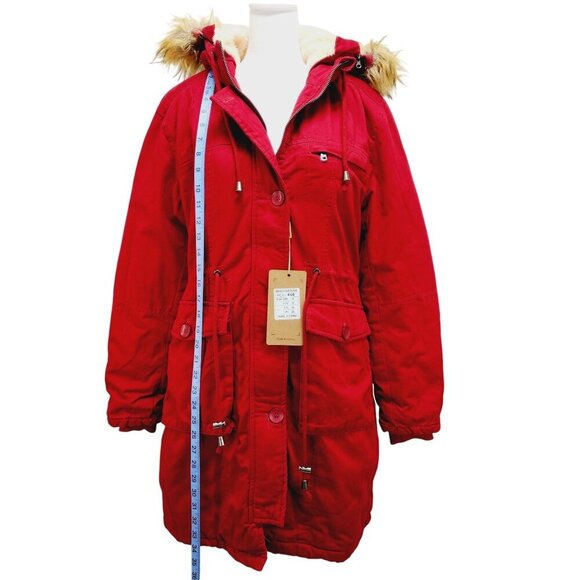 WenVen Jacket Womens Sherpa Lined Hooded Chore Coat Removable Fur Red Size M New - Picture 16 of 16